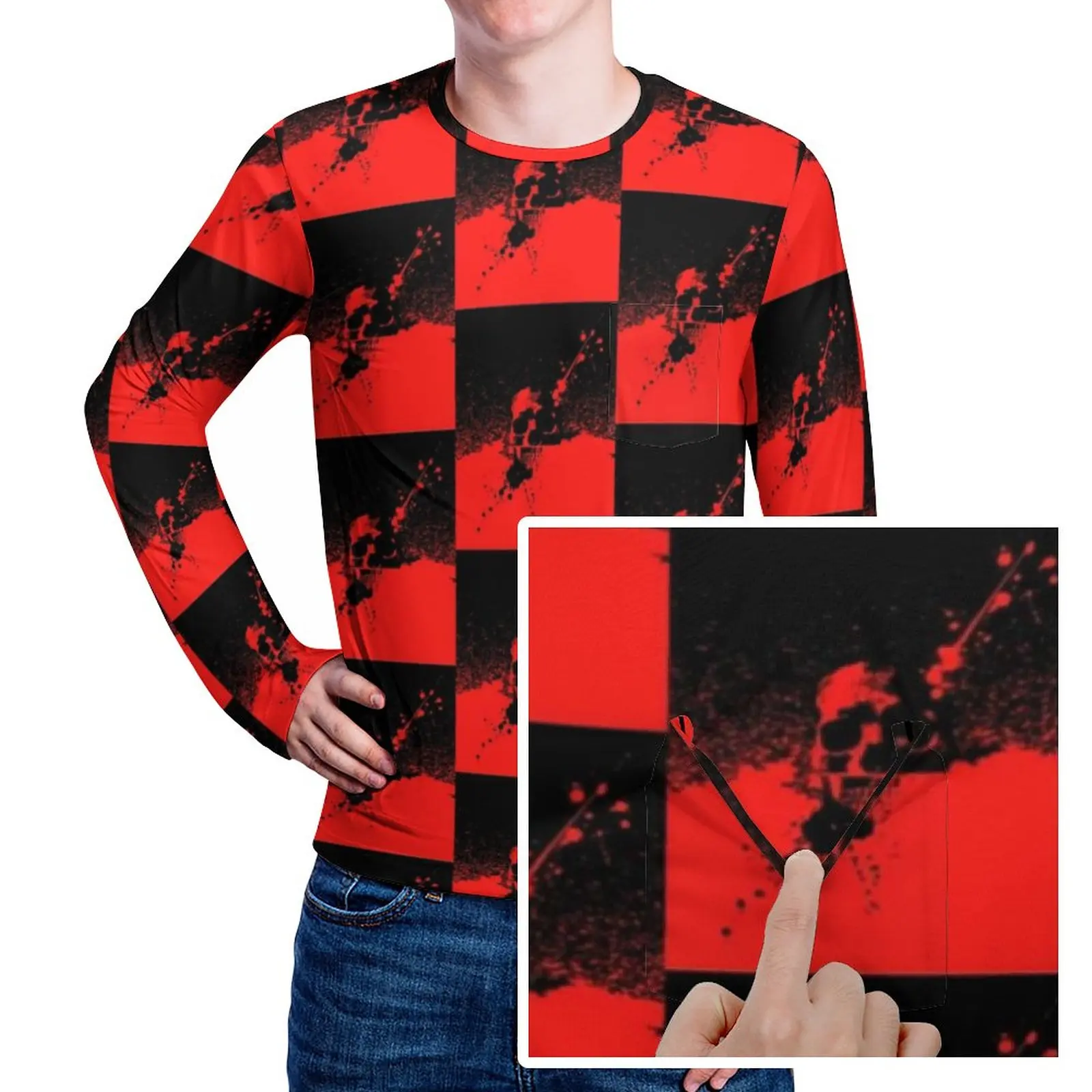 

Two Tone Macabre T-Shirt Gothic Black And Red Men Retro T Shirts Pocket Autumn Graphic Tees Long Sleeve Casual Plus Size Gift