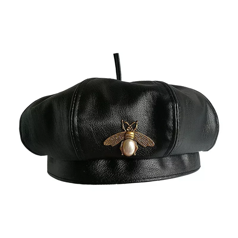 New in Brand Bee Brand Fashion Black Pu Leather Beret Hat Women Cap Female Ladies Beanie Beret Girls for Spring and Autumn jacke