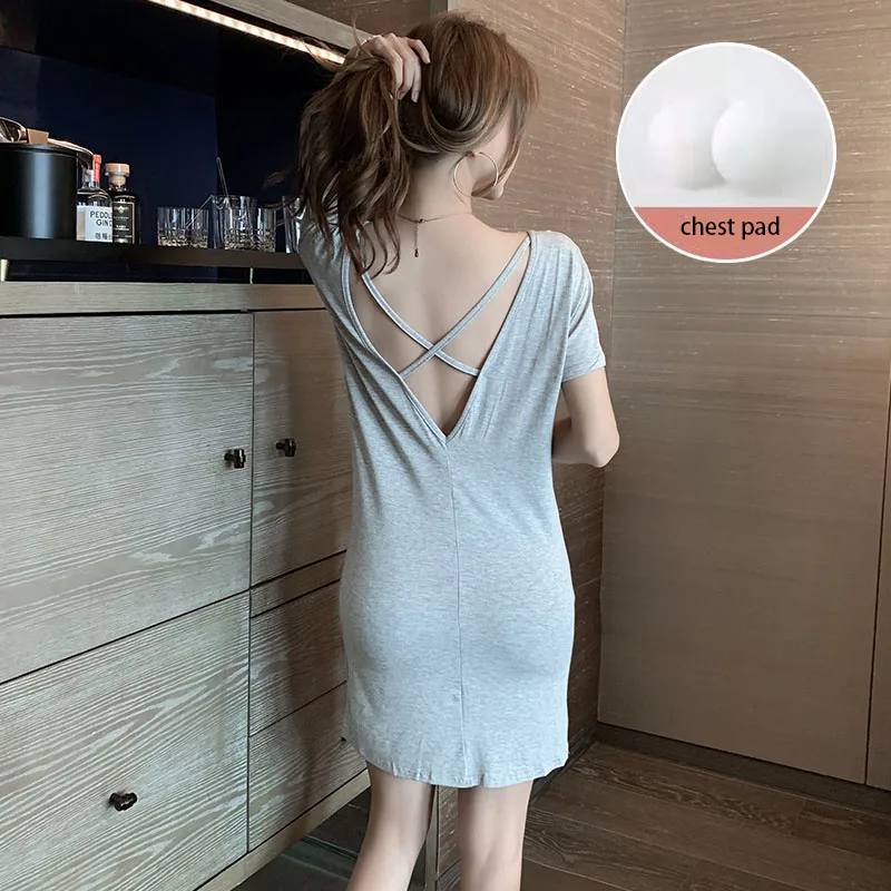 Summer knitted cotton short-sleeved nightdress for women with chest pad homewear one-piece dress sexy nightdress halter skirt