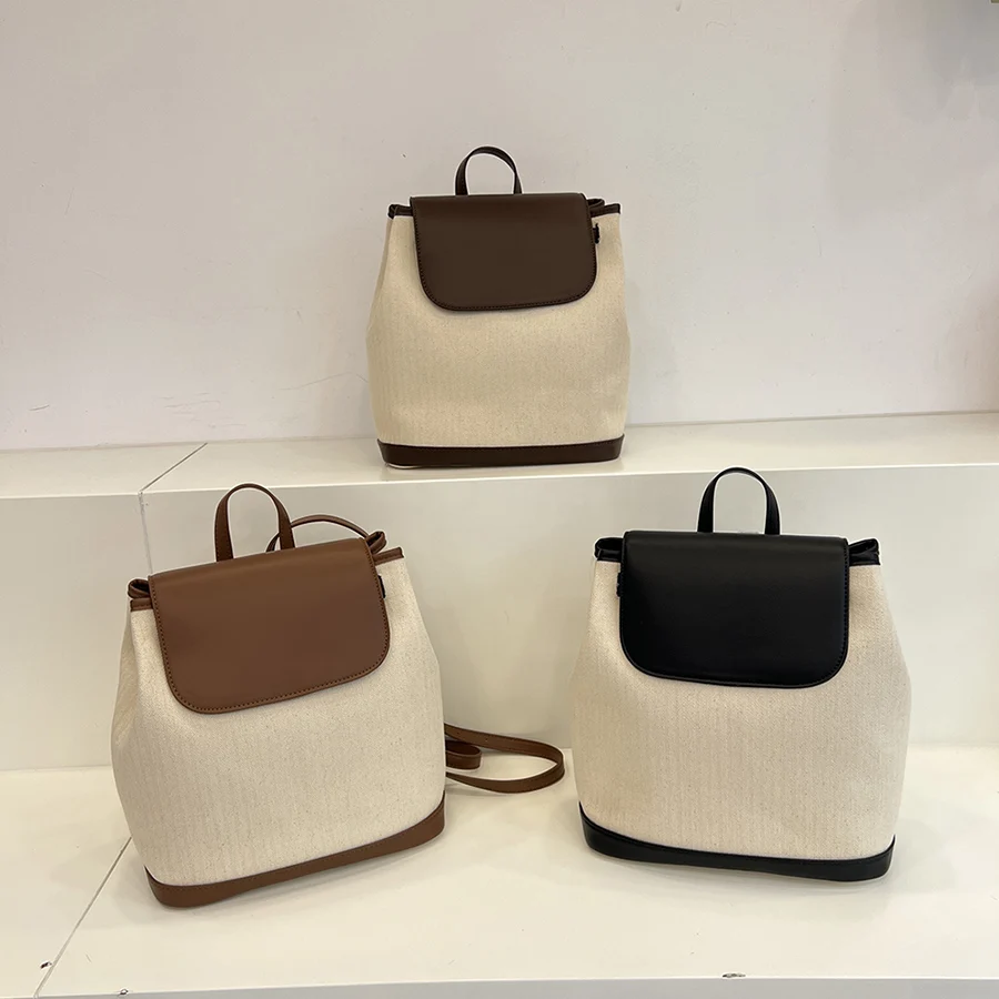 

Korean personality canvas splicing bucket bag magnetic buckle design backpack casual daily shopping bags travel bagpack rucksack
