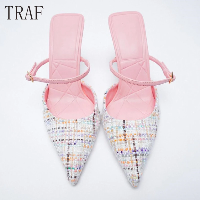 

TRAF Za 2021 Pink Heels Women Slingback Mules Fashion Chic Point Toe Sandals Buckle Strap Stiletto Elegant Women's Party Shoes