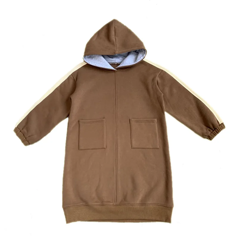 

Флисовое Повседневное платье с капюшоном для девочек-подростков, зимние осенние детские утепленные платья, модные детские толстовки в стиле пэчворк для девочек до колена