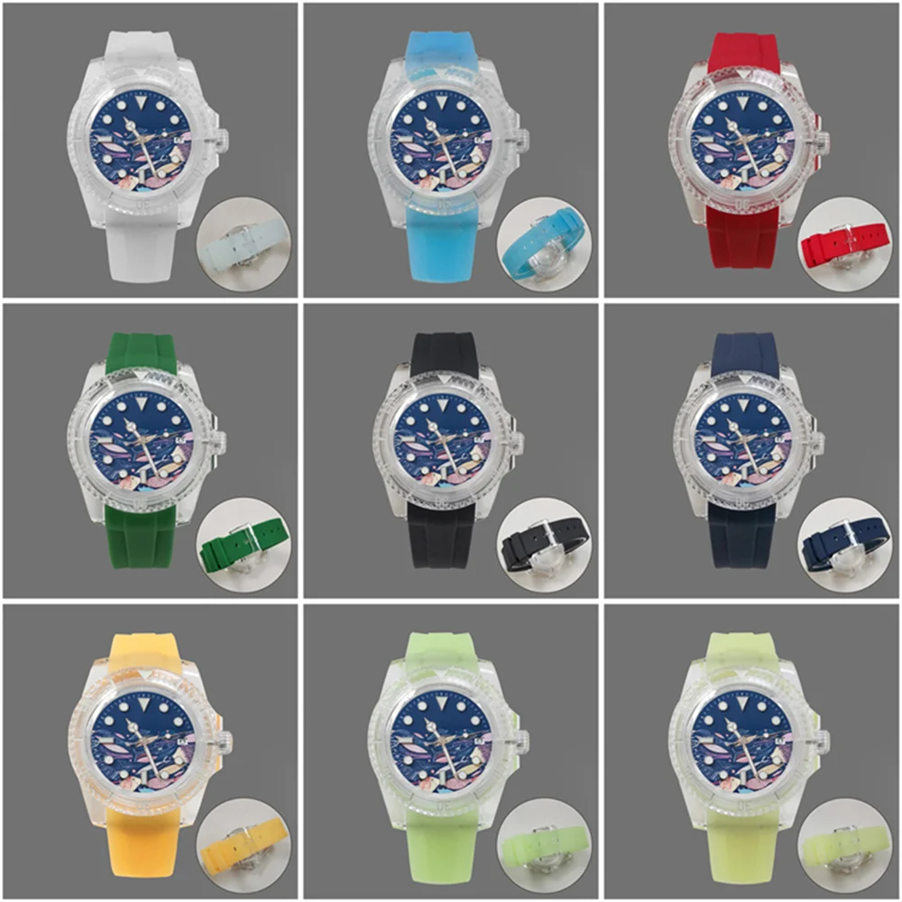 

Светящиеся наручные часы с резиновым ремешком, автоматические механические часы с рисунком из мультфильма, 40 мм, прозрачная фотография, японский механизм NH35, 24 Драгоценности