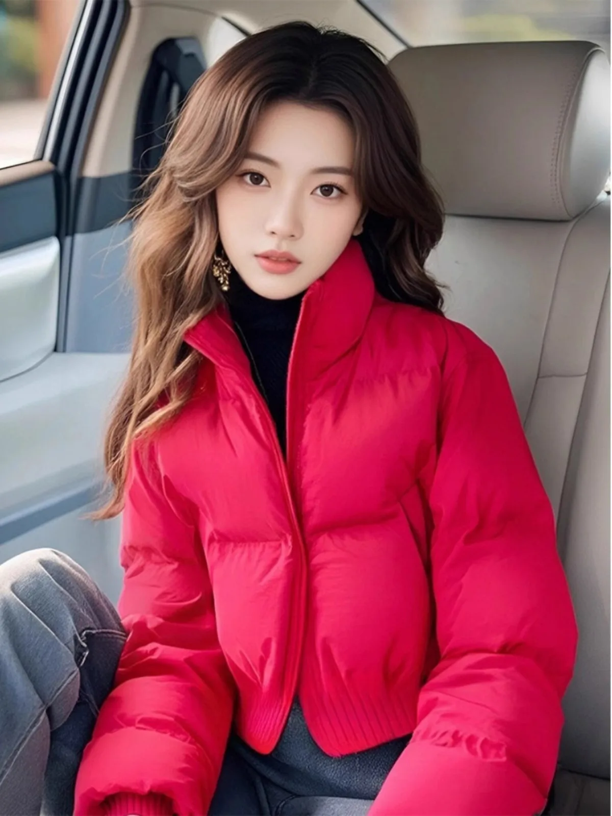 Rose Red Stand Collar Quilted Bread down Jacket Cotton-padded Clothes Cotton-Padded Women 2024 New Winter Black Tea St...