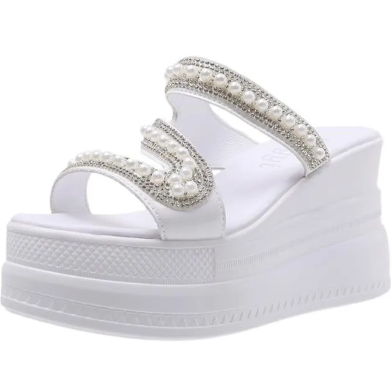 

Женские сандалии на танкетке, шлепанцы на толстой подошве, пляжные шлепанцы с жемчугом, массивные танкетки, лето 2022