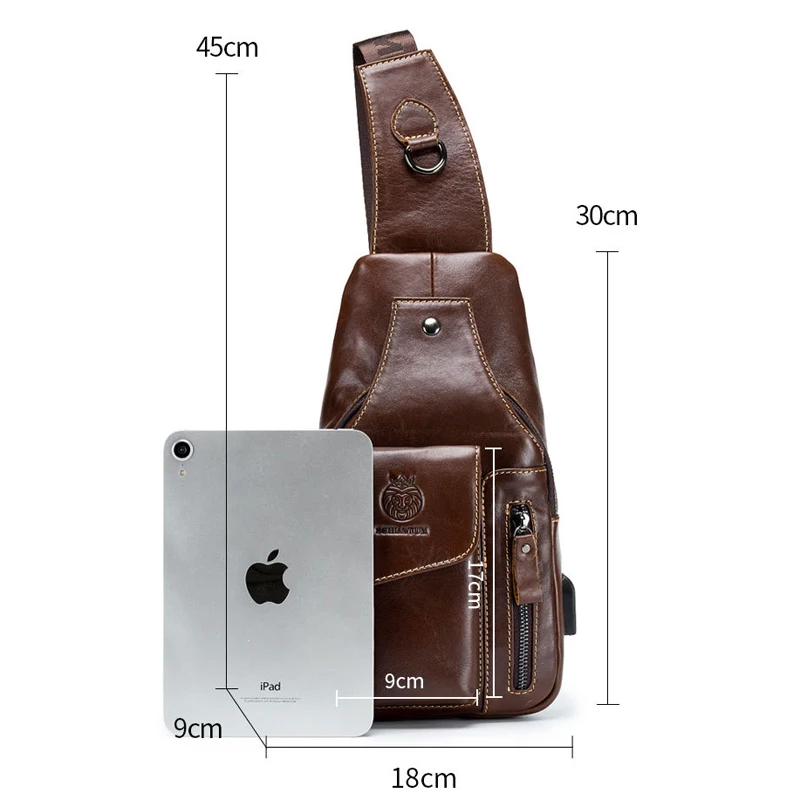 Men Original Chest Bag Real Leather Crossbody Chest Sling Bag USB Design Travel One Shoulder Bag Daypack Male Vintage Chest Pack