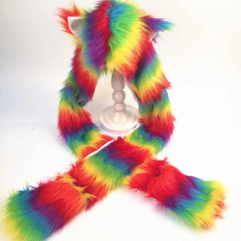 

Women Rainbow Stripes Furry Animal Hoodie Hat Fluffy Plush Ears Paws 3 In 1 Multifunctional Earflap Cap Scarf Gloves Hat Earmuff