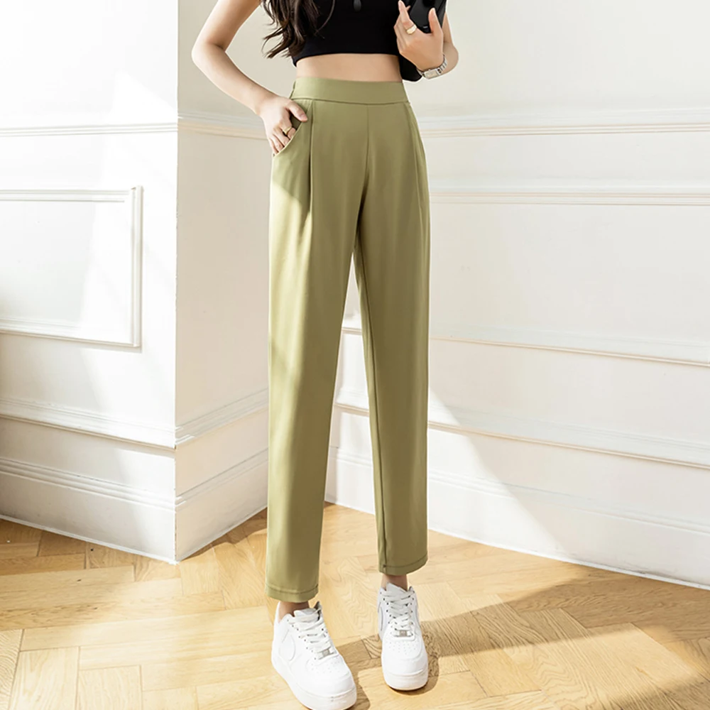 

New Summer Pants For Women 2022 Elastic Waist Solid Casual Harem Pants Ankle-Length Straight Trousers