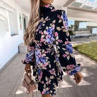 floral print loose mini dress womens long sleeve high neck fashion dress women casual wear 2022 spring and autumn new