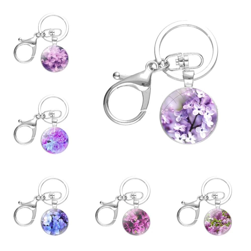 lilac flower Keychain Handmade Glass Cabochon Key Ring Holder Pendant Key Chains Fashion Design Creative Cartoon