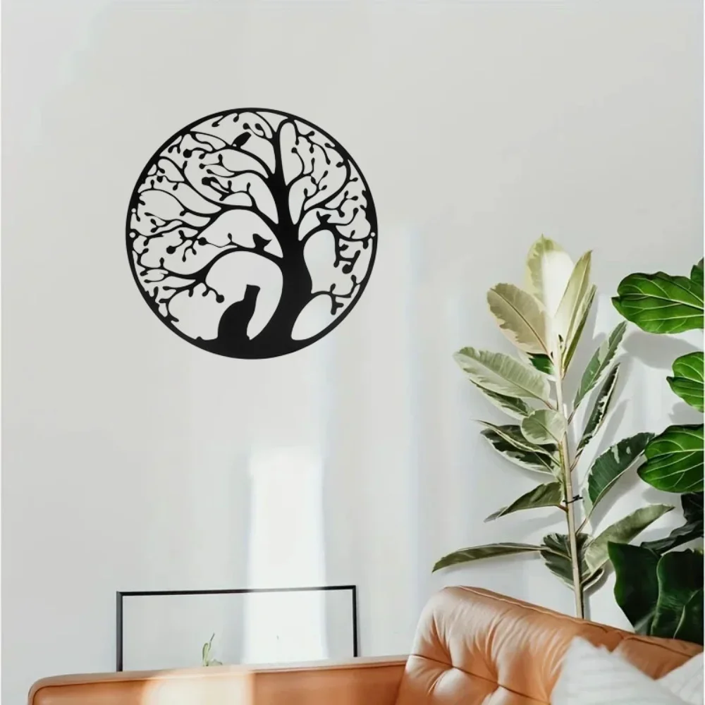 Черное Металлическое Настенное Искусство Древо Жизни С Силуэтом Кота И Птицы В