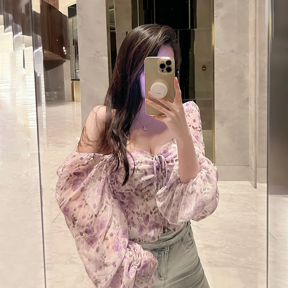 

Summer Halter Neck Floral Chiffon Shirt Women's 2022 Fashion Elegant Tops Blouses Ladies Square Neck Trumpet Sleeve Sweet Shirts