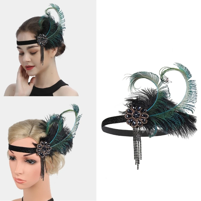 

Vintage 1920s Flapper Headband Costume Women Feathers Hairband Rhinestones Fringed Headpieces for 20s Cocktail Party