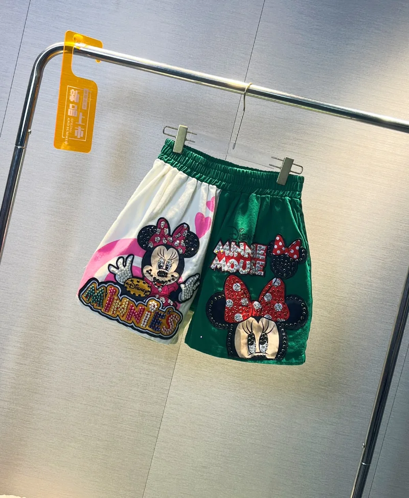 European Style 2023 Summer Fashion Heavy Industry Cartoon Beaded High Waist Shorts Women's Loose Slimming Wide Leg Short Pants