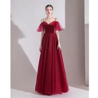 2022 elegant burgundy evening dresses spaghetti strap a line tulle sexy v neck floor length lace up banquet celebrity prom gown