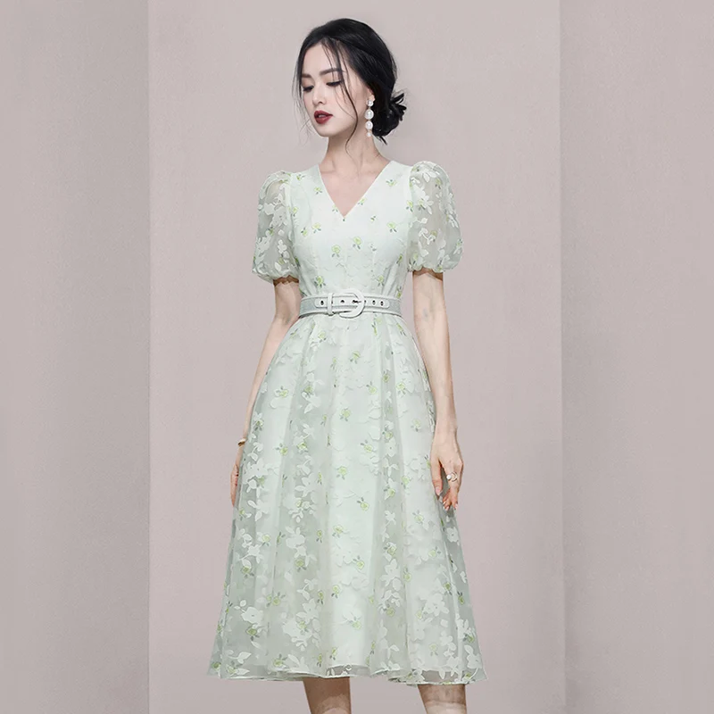 New Fashion Women's Temperament Vintage V Neck Summer Dress Ladies Luxury Lantern Sleeves Belt Slim Waist Elegant Midi Dress