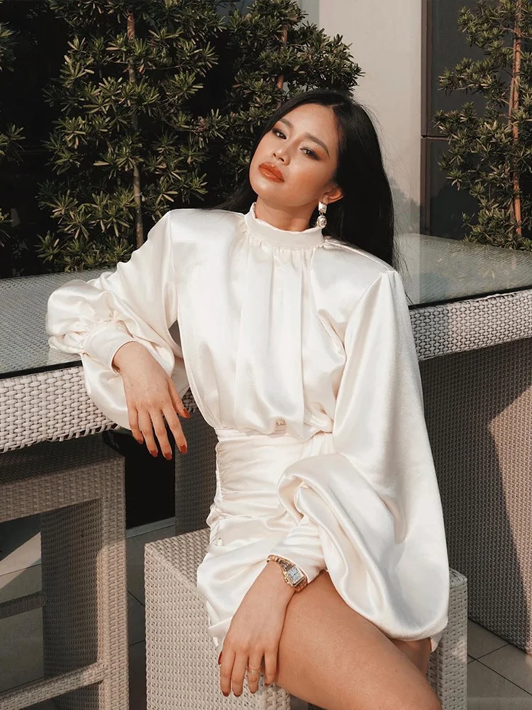 

Атласное платье с рюшами, белые сексуальные женские платья с рукавами-фонариками, осенние платья в стиле ночного клуба