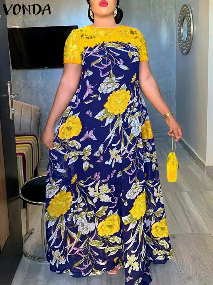 

2023 Summer Women Lace Bohemian Dress VONDA Vintage Short Sleeve Patchwork Maxi Sundress Casual Floral Printed Party Robe Femme
