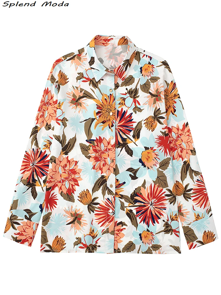 

Splend Moda 2022 ZA Women Fashion Summer Streetwear Style Floral Print Single Breasted Blouse Casual Lapel Collar Chic Shirts