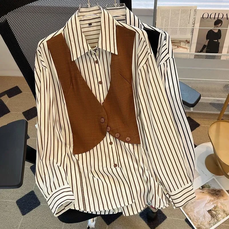 Осенняя женская модная полосатая рубашка свободная искусственная двойка