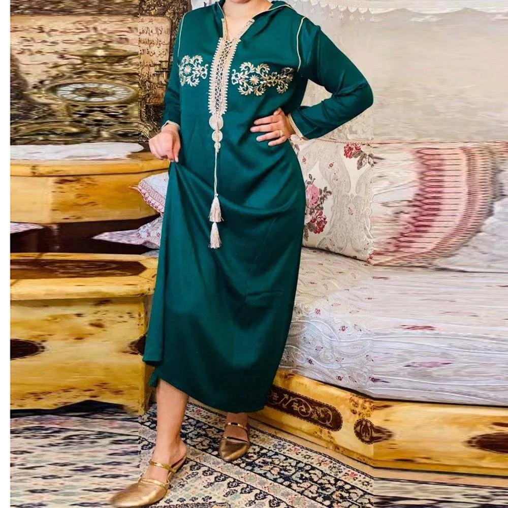 Женское платье с капюшоном и цветочной вышивкой, в стиле Дубай