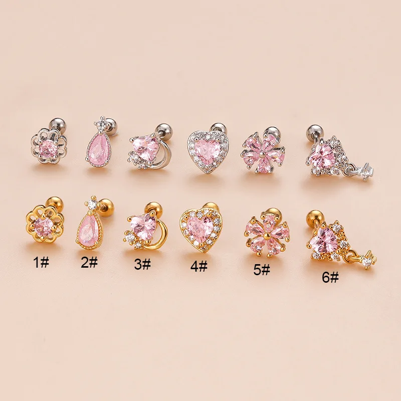 

Piercing Cartilage Earring Stud Stainless Steel Pink Zircon Heart-Shaped Ear Stud Tragus Lobe Conch Helix Piercing Body Jewelry