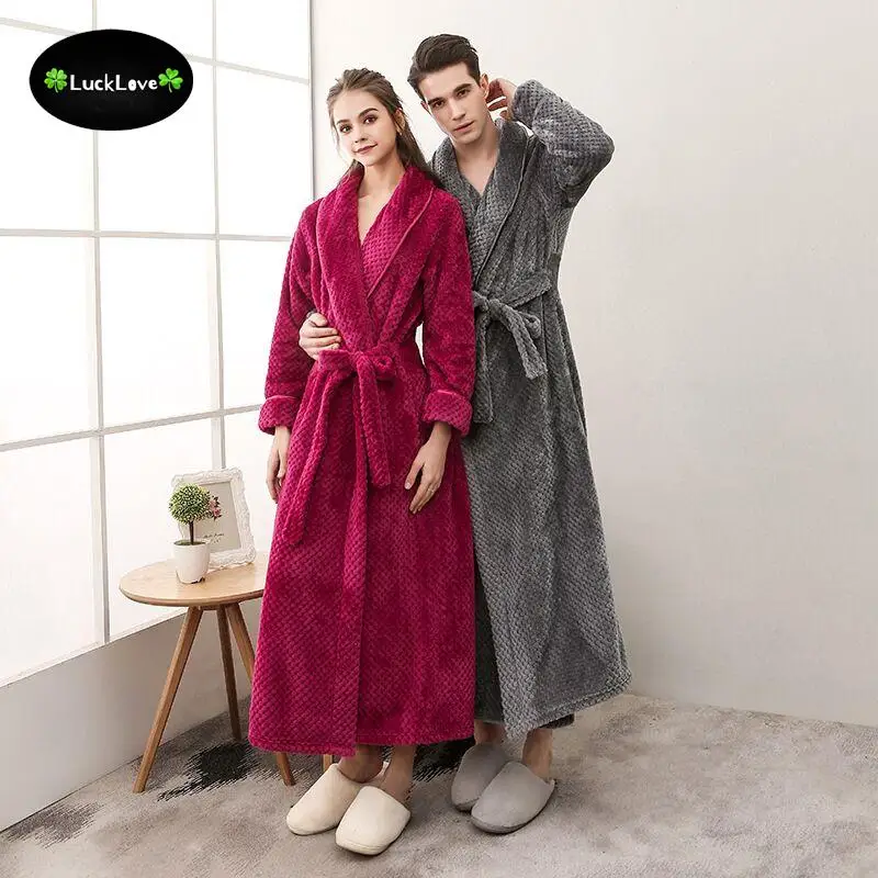 Winter Flannel Thick Warm Men Robe Bathrobe Floor Long Interlayer Bath Sleepwear Luxury Couple Kimono Solid Plaid Dressing Gown