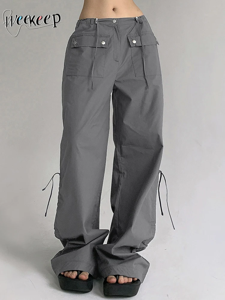 

Женские свободные брюки-карго Weekeep, серые мешковатые спортивные штаны с низкой посадкой на шнурке, корейские модные брюки-хиппи в стиле Харадзюку