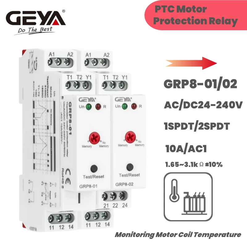 

GEYA GRP8 PTC реле защиты двигателя 10A AC/DC24-240V термостат для мониторинга температуры обмотки двигателя тепловое реле