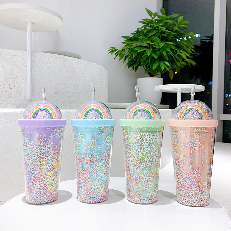 1pc 550ml Double Layers Rainbow Plastic Water Bottle With Straw Korean style Creative Sweet Mug For Milk Coffee Tea Cup