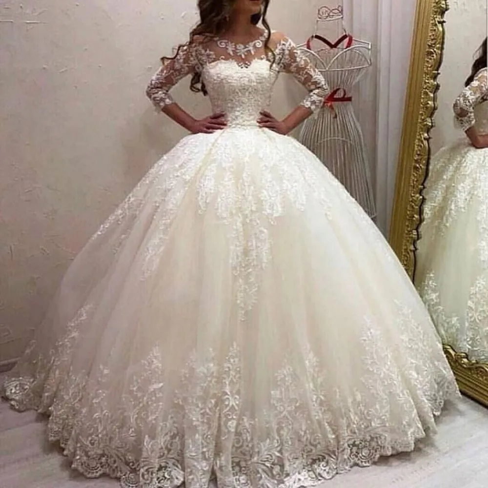 Купи Luxury Ball Gown Long Sleeves Wedding Dresses 2023 Scoop Neck Lace Appliques Bridal Gowns Sweep Train Vestido De Noiva Custom за 9,855 рублей в магазине AliExpress