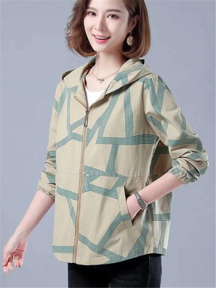 

Fashion Women's Short Coat Hooded Thin Jacket For Women Loose printing Outwear Spring Autumn Female Zip Jacket Casual Woman Coat