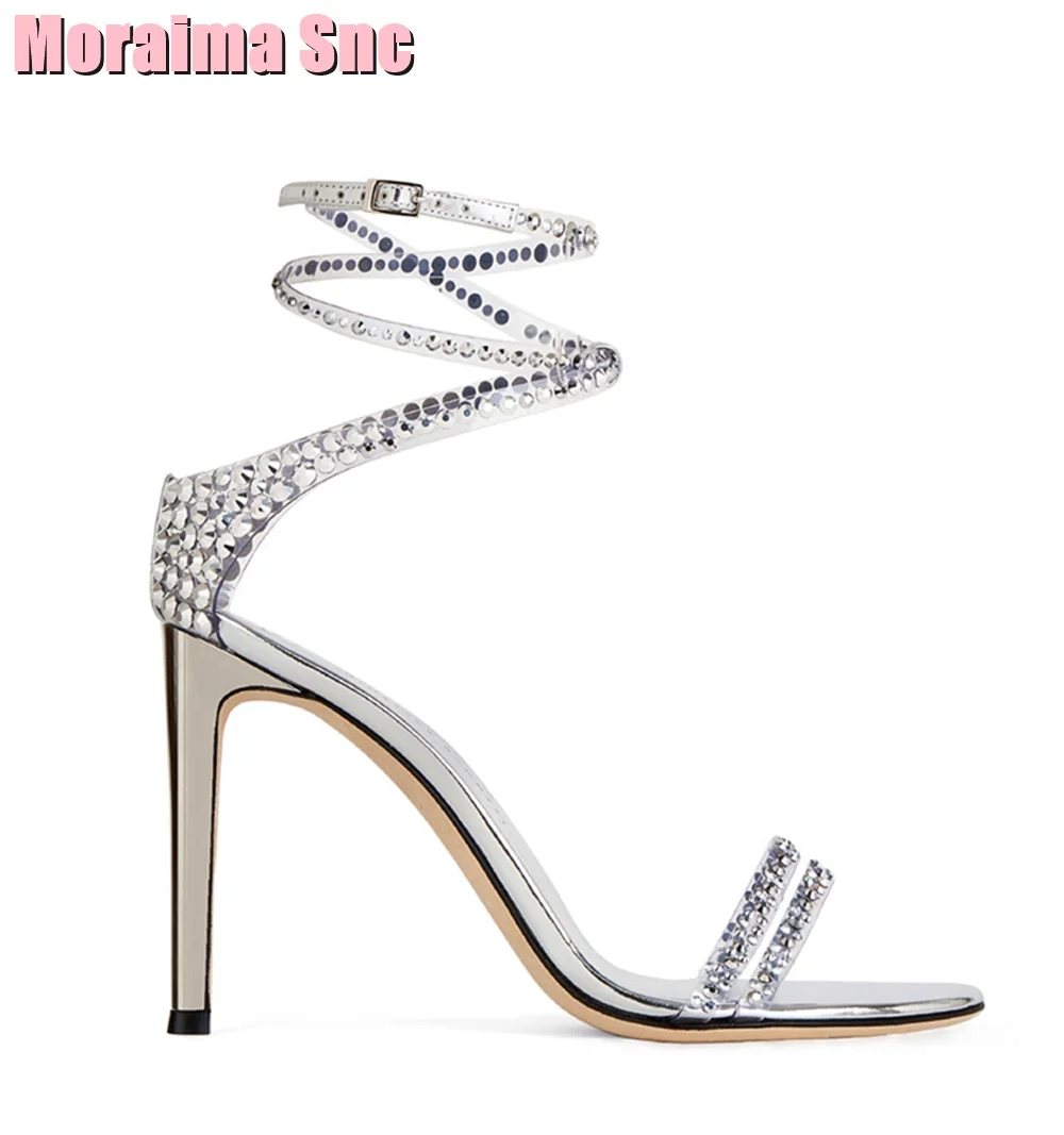 Crystal Cross Strap Open Toe Women Sandals Ankle Buckle Stiletto Cover Heel Women Wedding Shoes Summer Silver Solid Sexy Concise