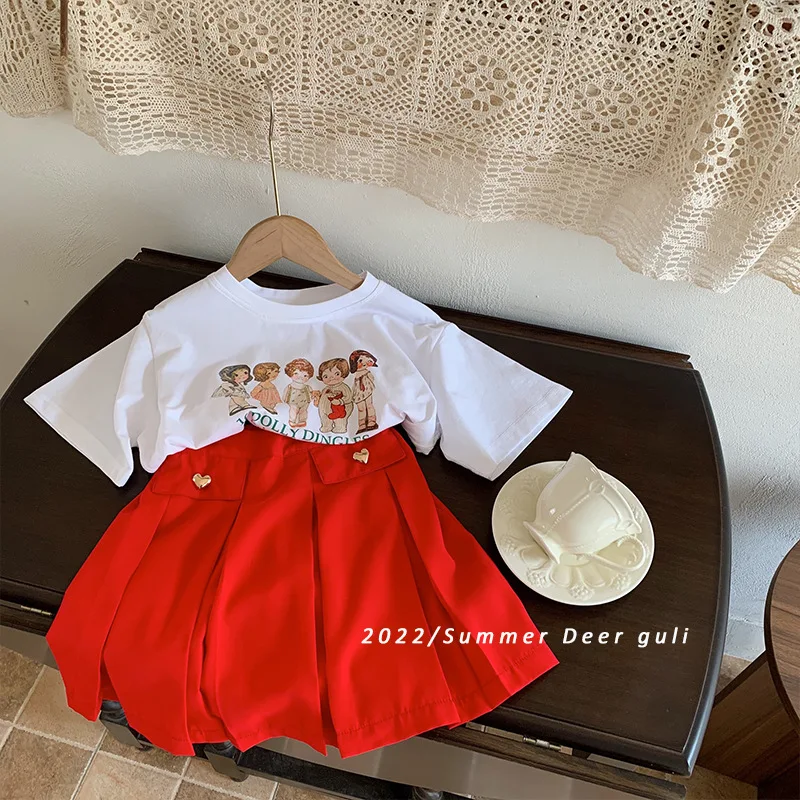 

Kids Sets 2022 T-shirts Skirts A-line Above Knee Length Elastic Waist O-neck Collar Short Sleeve Summer Children Girls