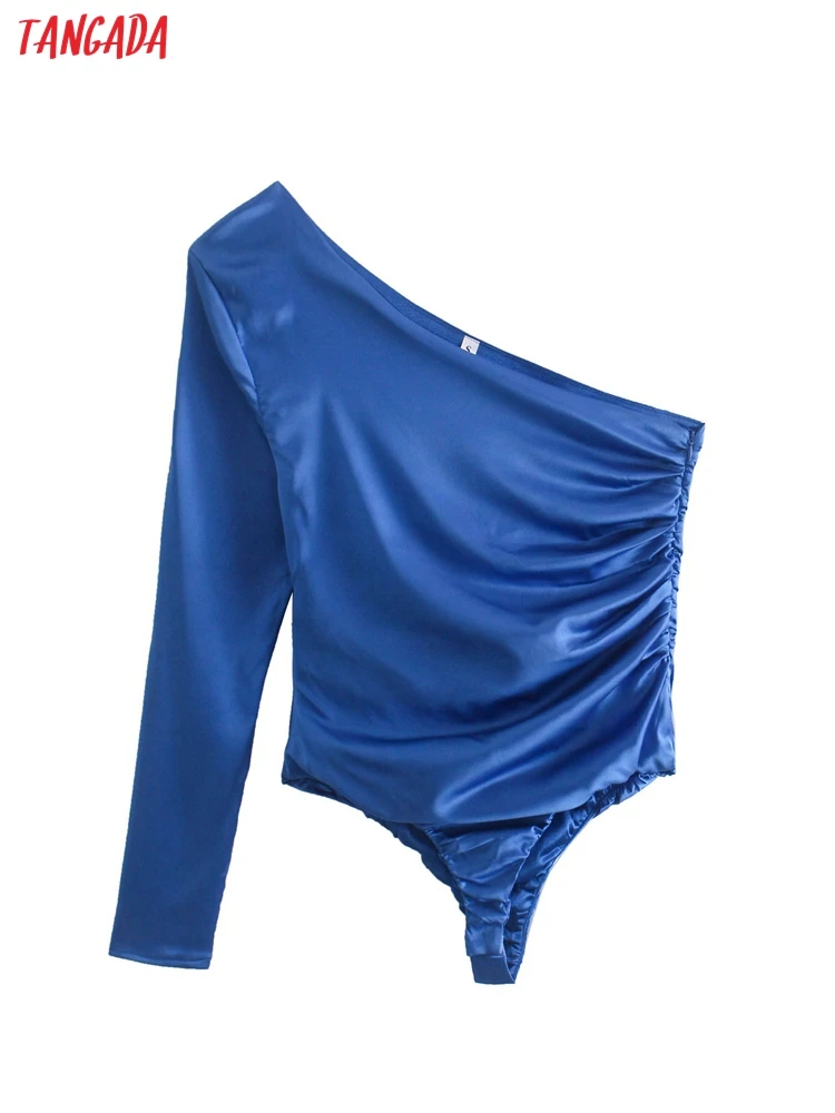 

Женское синее Плиссированное боди Tangada с открытыми плечами, Женский Повседневный сексуальный Облегающий комбинезон, комбинезон, боди для д...