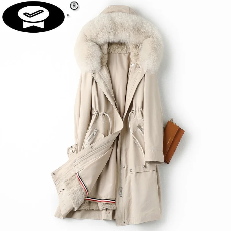 

Women Winter Hooded Jacket Rex Rabbit Fur Liner Parkas Female Autumn 2023 Warm Fox Fur Collar Coat Casaco Feminino Gxy687