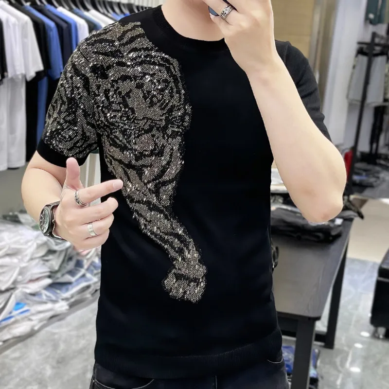 

High Quality Tiger Rhinestone Knitting Sweater Men's T-Shirt Hot Drill Slim Fit Round Neck Knitting Short Sleeve Tee Shirts