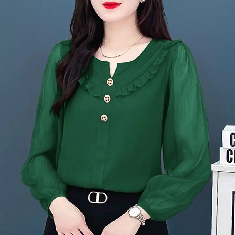 Spring Summer Fashion Ruffles Chic Blouse Ladies Long Sleeve Elegant Loose All-match Top Women Blusa Casual Buttons Solid Shirt