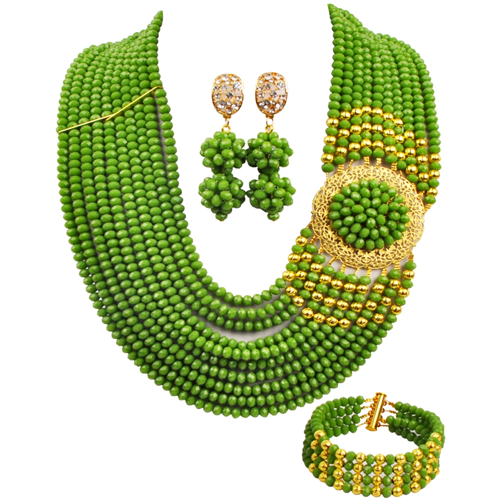 

Opaque Olive Green Women Necklace Nigerian Wedding African Beads Jewelry Set Crystal
