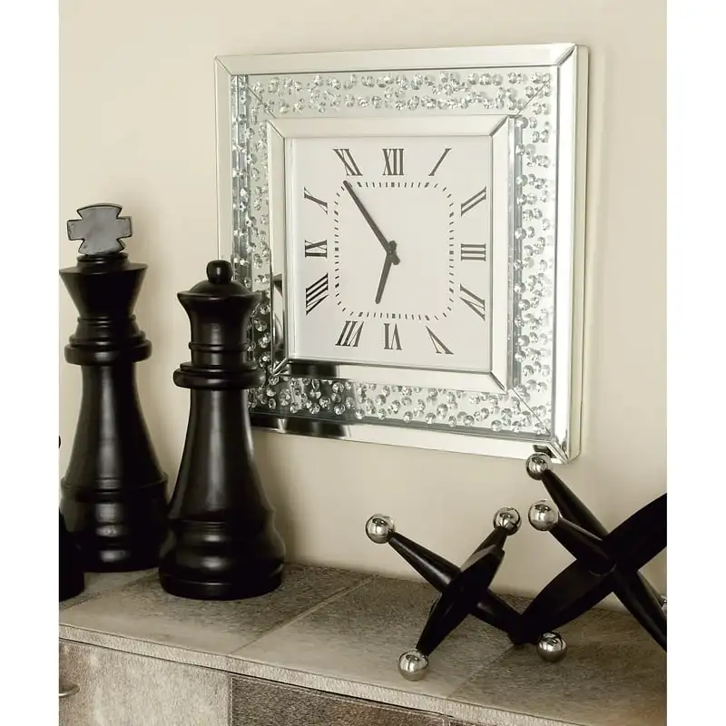 

Silver Wood Mirrored Wall Clock with Floating Crystals