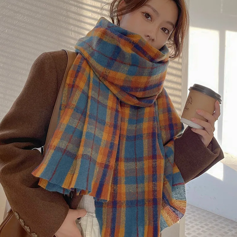 

2022 Retro Plaid Scarf Women's Winter Retro Imitation Cashmere Shawl All-Match Thickened Warm Loose Beard Scarf