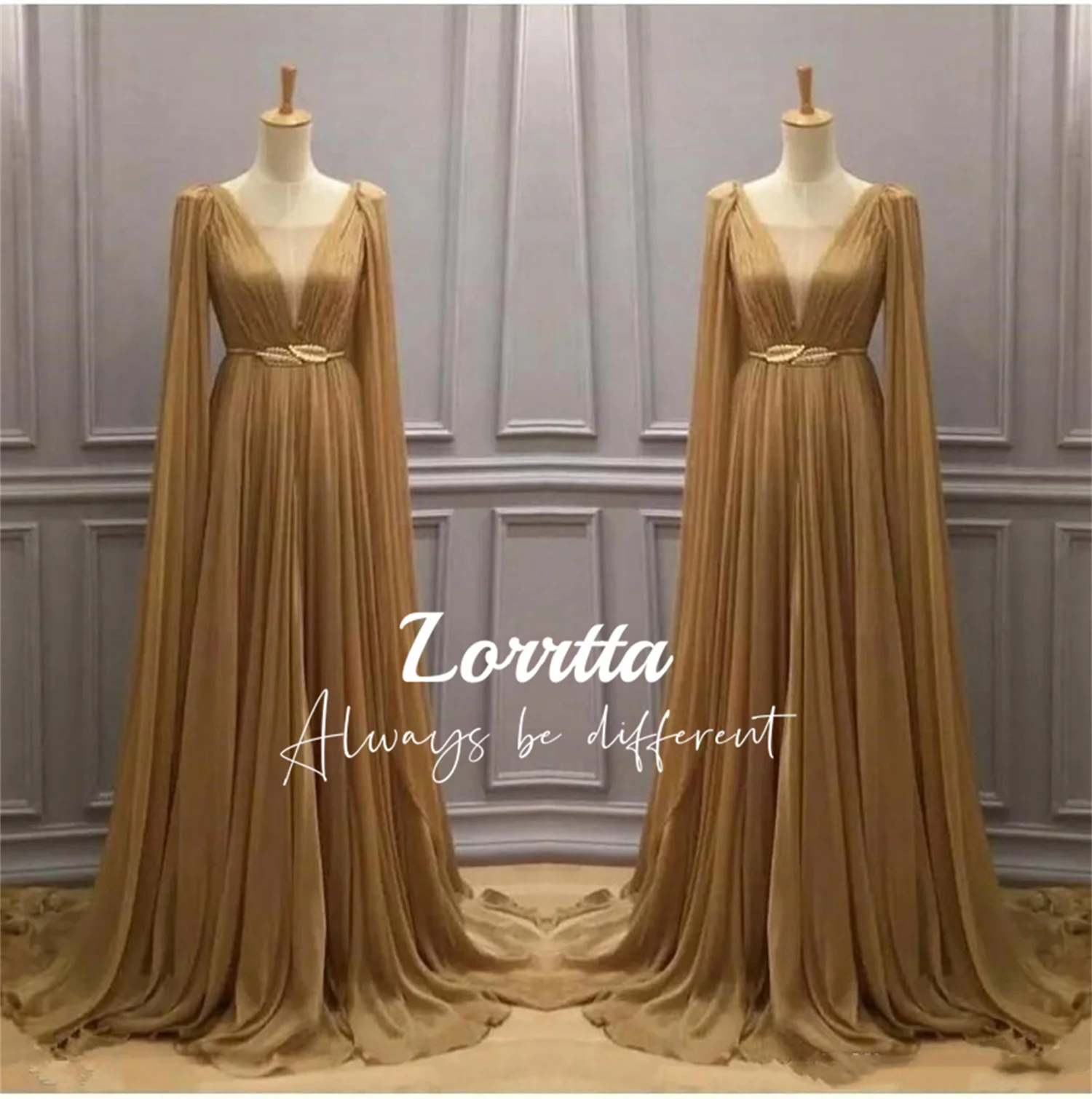 

Lorrtta Arabic Muslim Evening Gown V Neck Chiffon Long Sleeve Sweeping Skirt Formal Party Evening Gown Dresses Women's Ball Prom