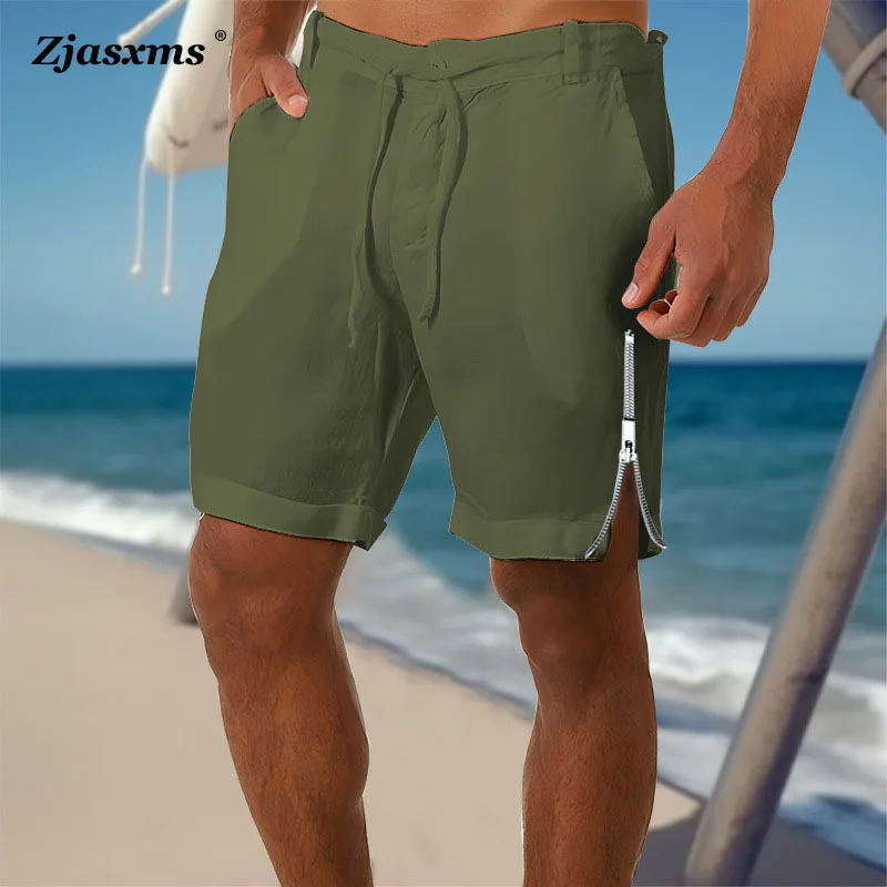 

Мужские однотонные спортивные брюки в стиле ретро, эластичные короткие прямые брюки с боковым карманом, на молнии, Летние повседневные праздничные Пляжные штаны