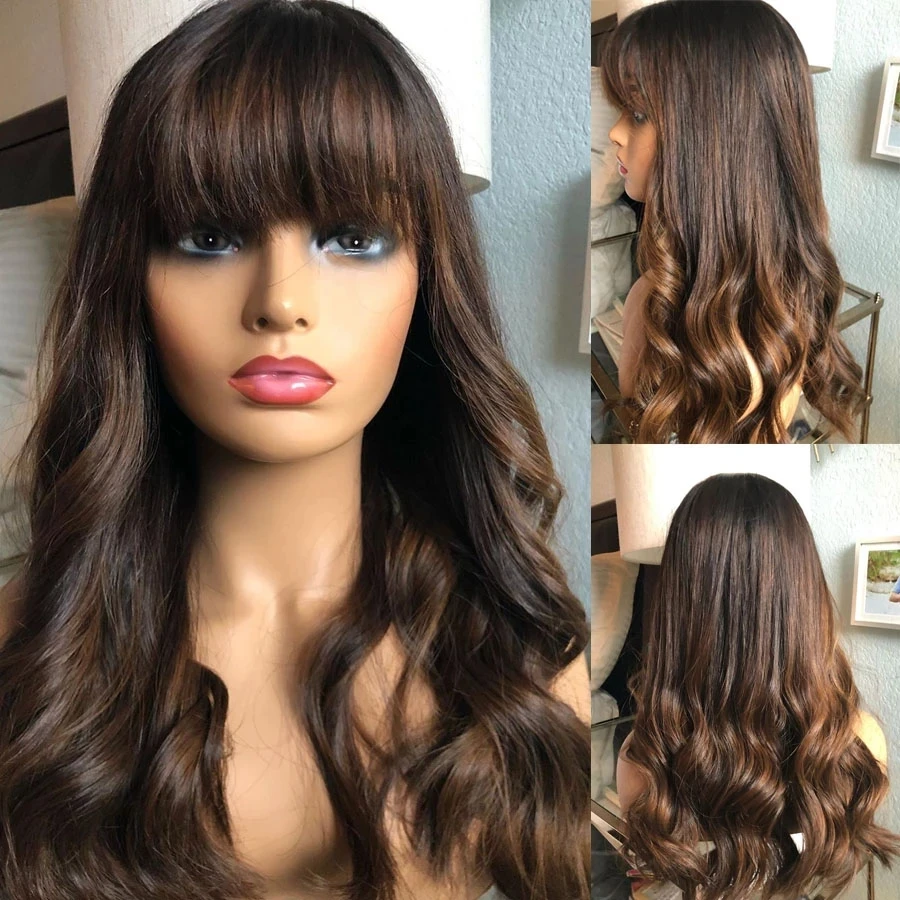 

Highlights Brown Blonde Body Wavy 13X6 HD Lace Front Fringe Wigs Ombre Human Hair 200Density Full Lace Frontal Wig With Bangs