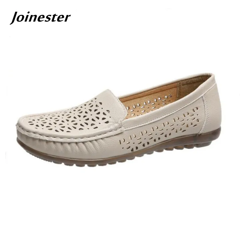 Купи Women PU Leather Slip on Casual Loafers Hollow Out Breathable Flat Boat Shoes for Autumn Non-Skid Mom Driving Moccasins за 965 рублей в магазине AliExpress