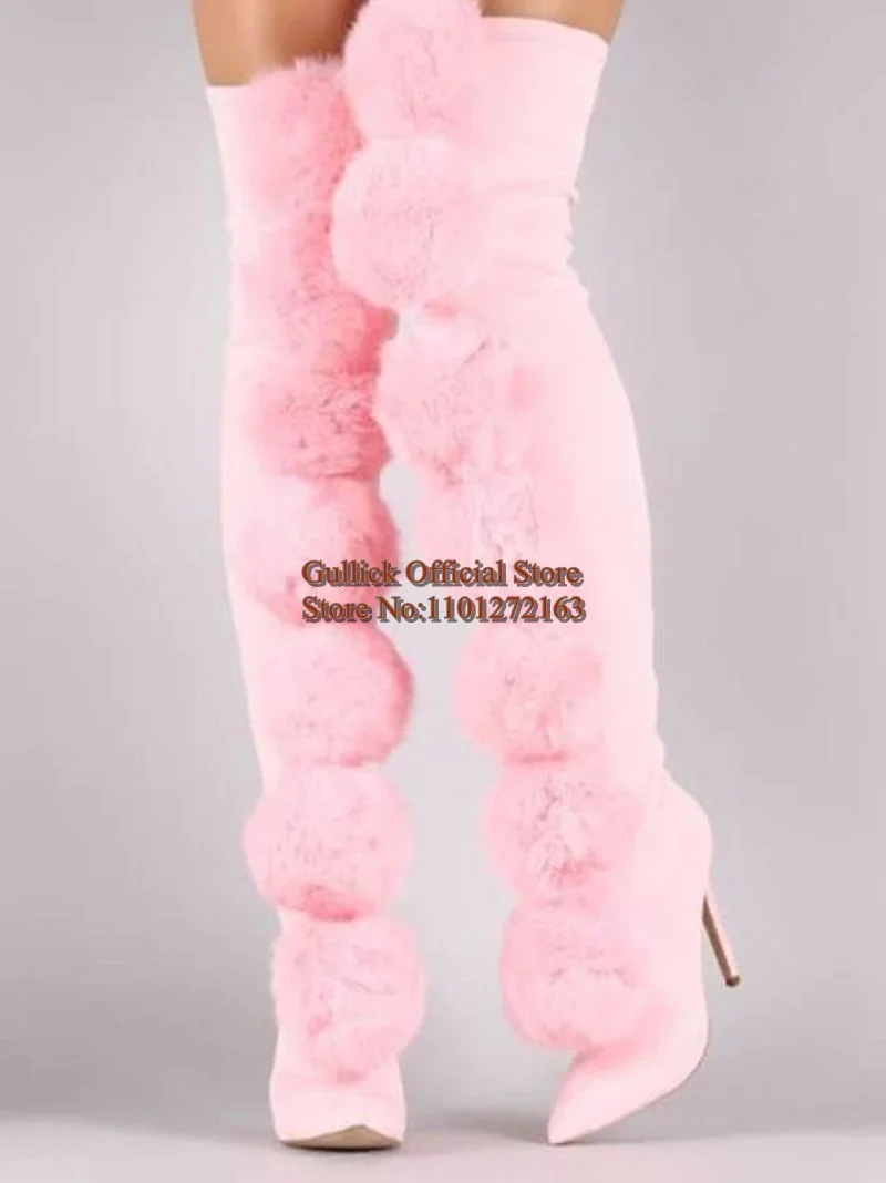 Женские зимние высокие сапоги на высоком каблуке с помпоном розовые черные