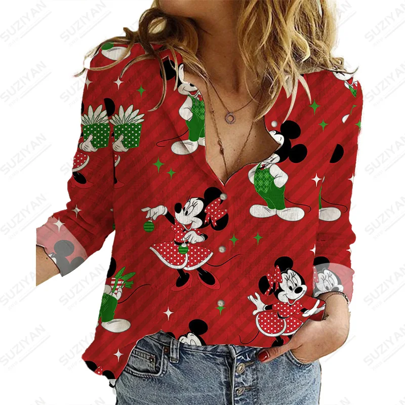 

Spring And Autumn Long Sleeve Disney Mickey Blous Casual Collar Button Fashion New Top Woman Shirt