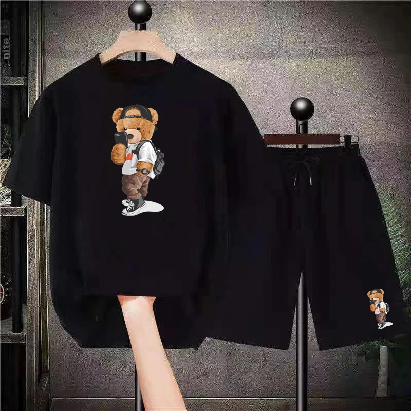 2023 Summer New Luxury Brand Men Shorts T Shirt Sets Cotton T-Shirt Bear Print 2 Piece Suits Women's Tracksuit Men Clothing