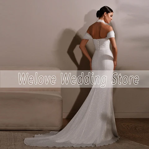 Sparkle Tulle Mermaid Wedding Dress Off Shoulder Sleeveless Boat Neck Floor Length High Slit Beach Bridal Gown For Bride Vestido