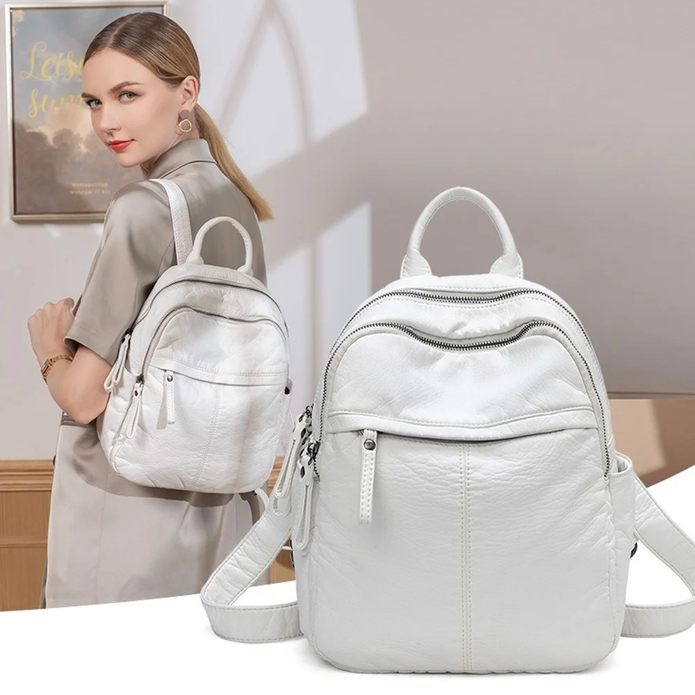 Fashion women's backpack new pu soft leather backpack student schoolbag solid color travel bag multi-layer zipper backpack